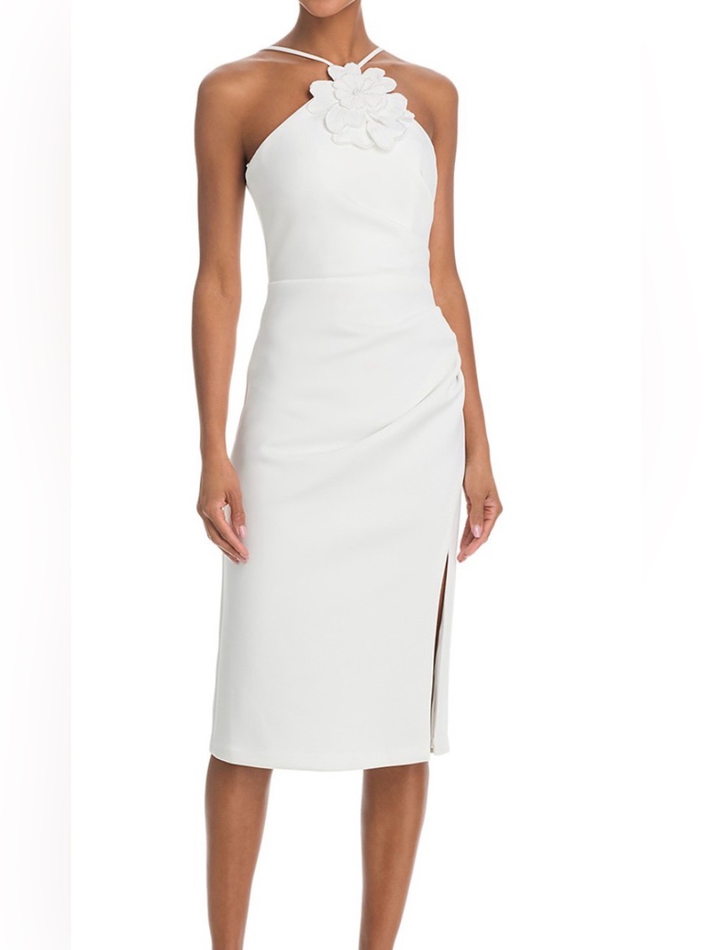 Elegant White Halter Dress with Floral Accent